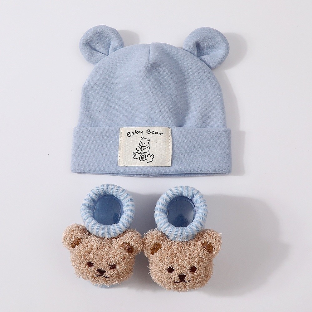 Infant Beanie Hat With Ears - 2Pcs/Set Cute Cotton Baby Hat Socks